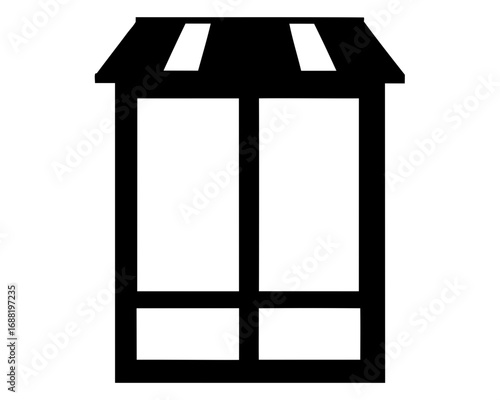 Black and white illustration of a bus stop with a roof