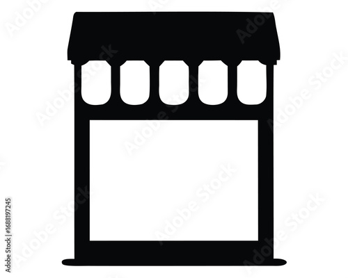 A Black and White Silhouette of a Storefront or Booth with Awning