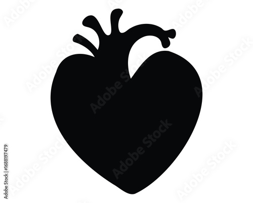 Black silhouette illustration of a human heart anatomy with vessels on white background