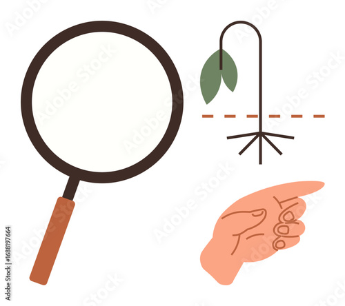 Magnifying glass assessing dying plant with drooping leaf and cut stem. Hand points emphasis on cause or solution. Ideal for inquiry, analysis, problem-solving, environmental care, decision-making