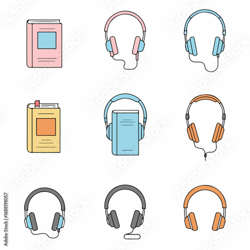 Collection of Audiobook and Headphone Icons: Digital Reading and Listening Concepts in Simple Vector Line Art