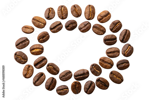 Roasted coffee beans arranged in circle isolated on white background