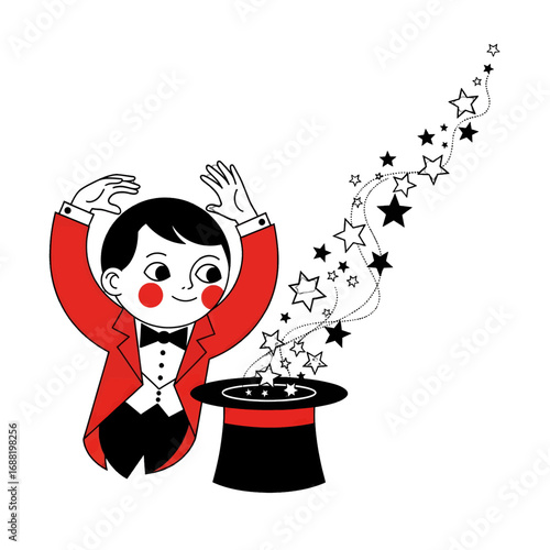 Illustration of a Young Magician in Red Suit with Stars Emerging from Hat on White Background