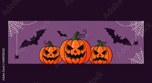 Three Spooky Jack O Lantern Pumpkins with Scary Faces for Halloween.