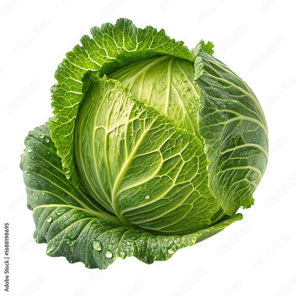 Obraz premium Fresh green cabbage head isolated on white background, organic leafy vegetable with water drops for cooking and healthy diet