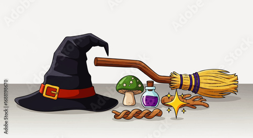 Witchcraft items including hat broom potion mushroom and spell components.