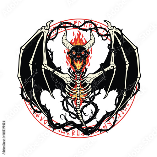 A demonic skeleton with bat wings and fiery eyes within a rune circle.