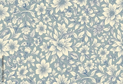 Intricate Victorian-style floral and foliage pattern in muted blue-grey and beige tones, blue, download