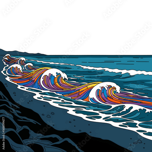 Pixelated Waves Crashing on Dark Sand Beach with Blue Water and Bright Colorful Swirls Under Clear Sky in a Graphic Style Illustration