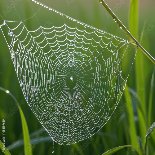a spider web with dew drops