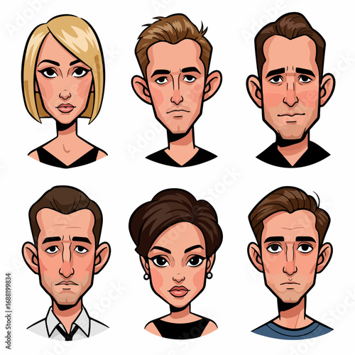 Set of six diverse cartoon headshots featuring men and women with neutral expressions, suitable for avatars or profile pictures, on a white background.