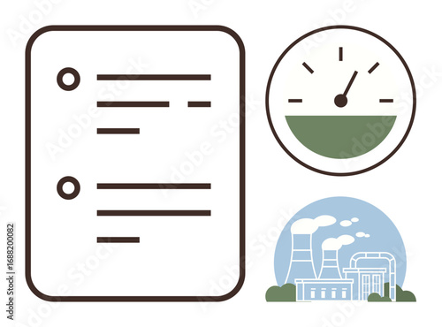 Operational list document, gauge monitoring performance, and factory emitting steam. Ideal for energy efficiency, production management, sustainability, process optimization, industrial monitoring