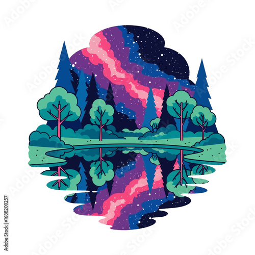 Pixelated Forest Reflection Under Colorful Milky Way Sky With Green Trees and Starry Night Aesthetic In 8-Bit Style Against A White Background