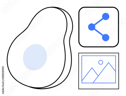 Abstract avocado outline, sharing network icon with three nodes, and minimalist photo gallery illustration. Ideal for food, sharing, content creation, digital platforms, minimal design, nature-themed