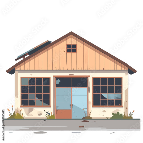 Derelict Tan House with Broken Windows and Garage Door in Pixel Art Style on White Background