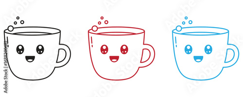 Cute smiling coffee cups in black, red, and blue: perfect for branding, design projects, and cafes