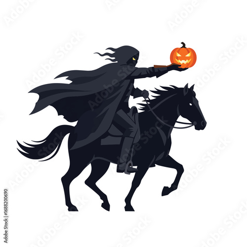 Headless horseman rides a black horse through a dark forest holding a glowing jacko'lantern during a spooky halloween night.