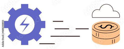 Gear with lightning symbol releases energy transferring to coin stack below cloud. Ideal for energy management, cloud computing, financial efficiency, renewable energy, technology, innovation, modern