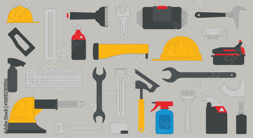 Construction tools and equipment flat lay for builders, repairmen, and industry professionals