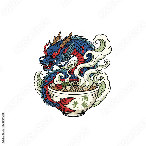 A blue dragon coils around a bowl of steaming ramen noodles.
