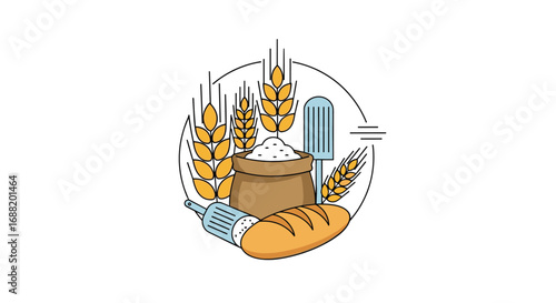 Freshly baked bread with wheat and flour for healthy eating and delicious bakery products promotion