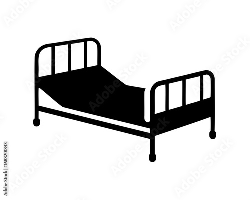 Stylized black silhouette of a bed frame with rails and legs