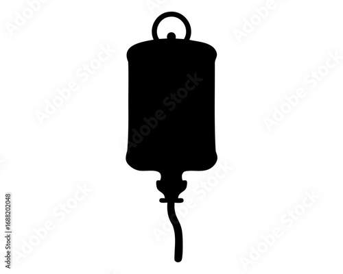Black silhouette of an intravenous fluid bag with a curved tube.