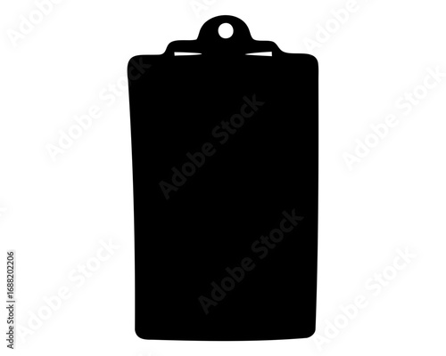 Black silhouette of a simple clipboard illustration with paper holder and loop