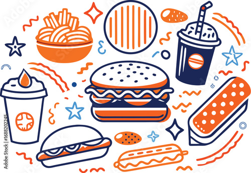 Fast Food Icons With Stars and Swirls Keywords: fast food, burger, hamburger, french fries, hot