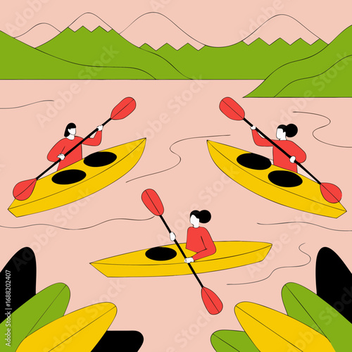 People kayaking on a river near mountains