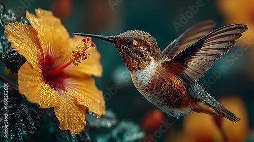Beautiful hummingbird sipping nectar from hibiscus flower high resolution image
