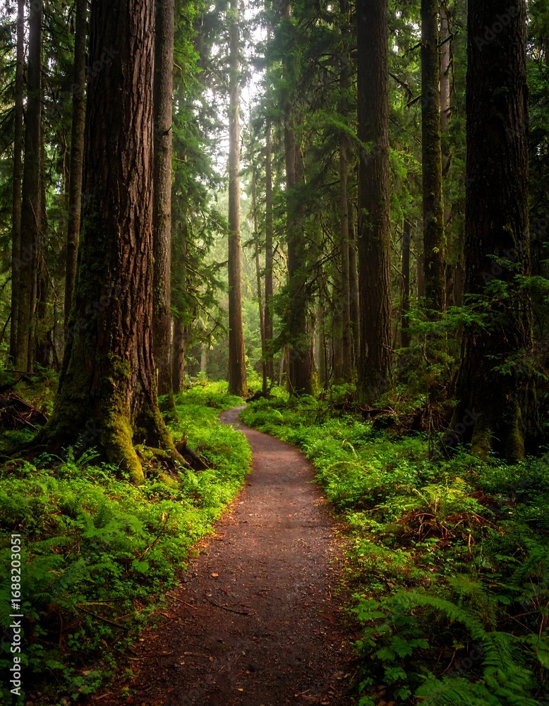 Fototapeta premium Forest path, sunlight through trees