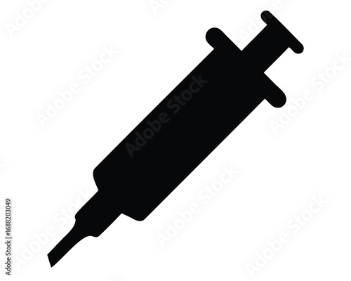 Simple black silhouette of a syringe used for medical injections and vaccines