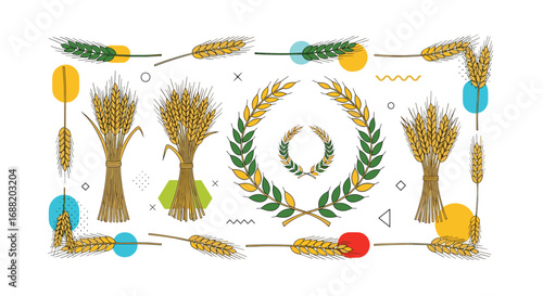 Harvest bounty and natural elegance with golden wheat and green laurel wreath designs