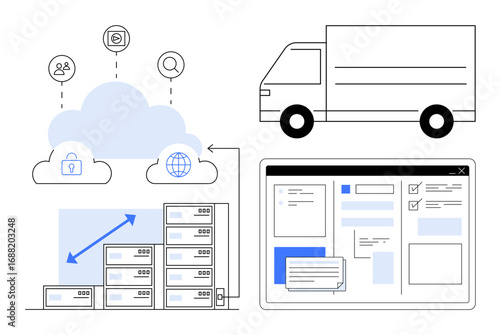 Digital cloud linking transport, server farm, icons, and web interface. Ideal for logistics, data management, technology, connectivity security business growth cloud solutions. Simple flat