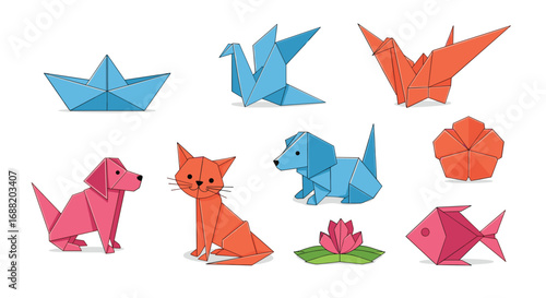 Charming origami animals, flowers, and boat designs bring playful joy to any project
