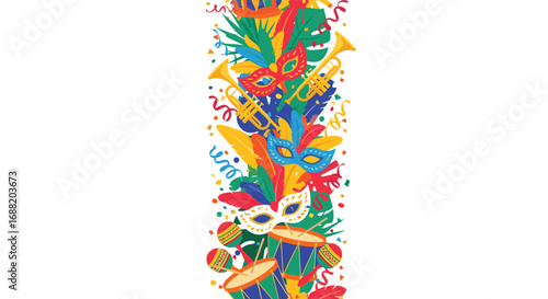 Vibrant carnival celebration with masks, trumpets, drums, and festive confetti creating a lively party atmosphere