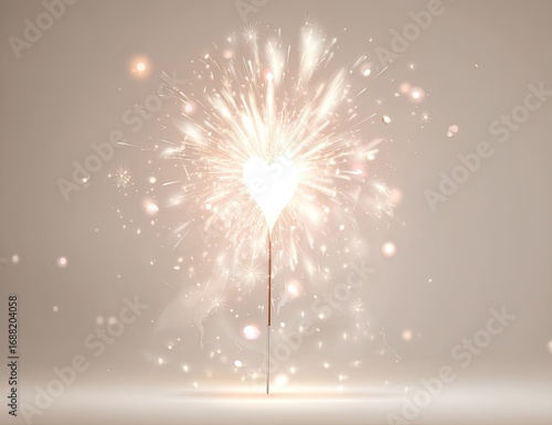 Heart-shaped sparkler bursts with light on a beige background