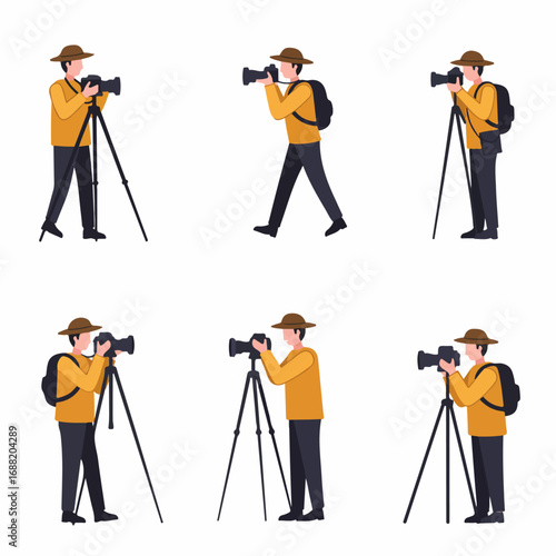 Illustrated Photographer Collection: Man with Camera, Tripod, and Backpack Capturing Moments, Flat Vector Art Set
