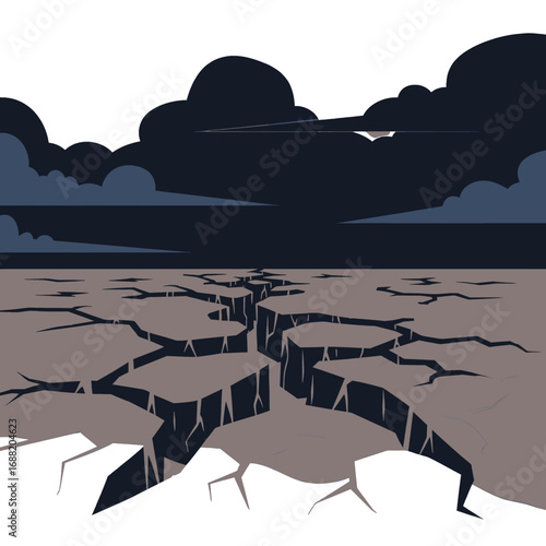 Cracked Earth Landscape under Dark Blue Cloudy Sky Pixel Art Style Flat Design Gloomy Digital Image with Earth Tone Colors and Harsh Lighting