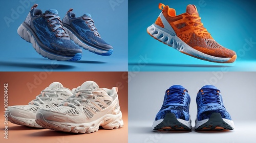Four pairs of athletic shoes in various colors and styles, displayed against four contrasting backgrounds.  Shoes are in mid-air or on a surface, with a focus on design details and textures