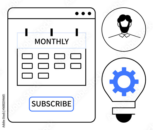 Calendar marked monthly paired with a subscribe button, avatar of a user, gear in a light bulb. Ideal for scheduling, subscriptions, user management, innovation, technology, planning and service