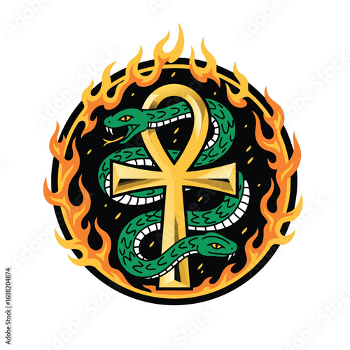 A golden ankh entwined by a green snake surrounded by flames.