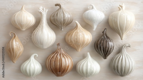 Decorative ceramic onion-shaped figurines in various colors and finishes arranged in an artistic layout on a light wooden background for home decor and interior design.