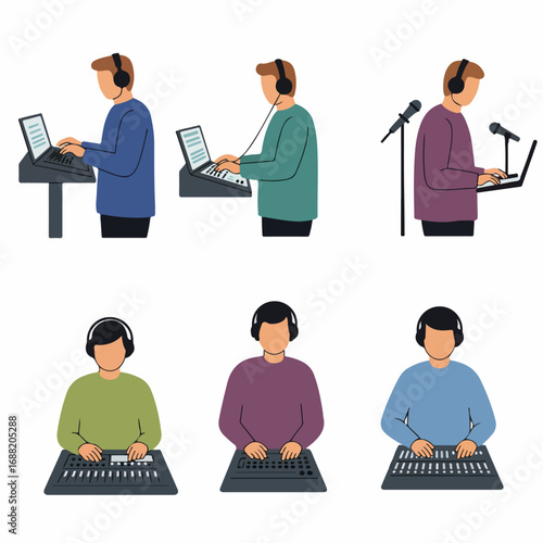 Men Engaged in Digital Audio Production: Illustrative Set of Individuals with Headphones Using Laptops, Microphones, and Sound Mixing Boards for Creative Work.