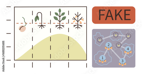 Growth stages of a plant from seed to decline alongside network nodes with star ratings and fake disclaimer. Ideal for agriculture, research, data integrity, analytics, education, development