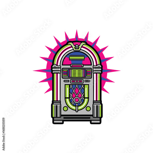 Retro colorful jukebox with a starburst background. .