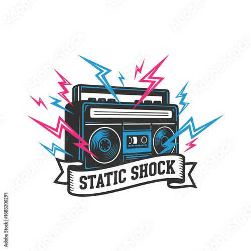 Vintage boombox with lightning bolts and the text "Static Shock".
