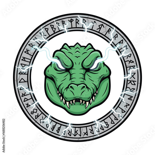 Green alligator head with glowing eyes in a rune circle.