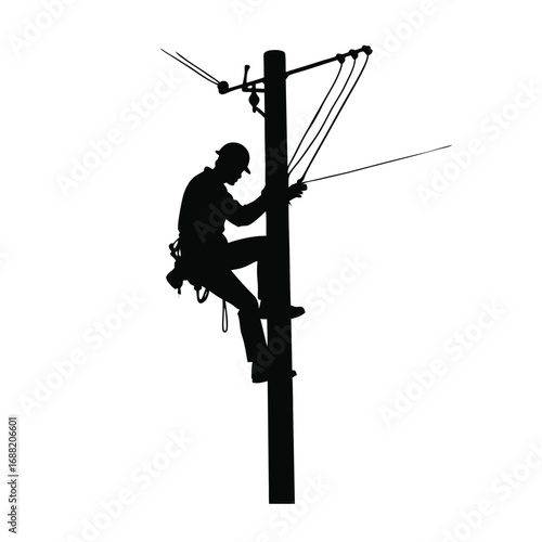 Silhouette of lineman climbing utility pole with wires